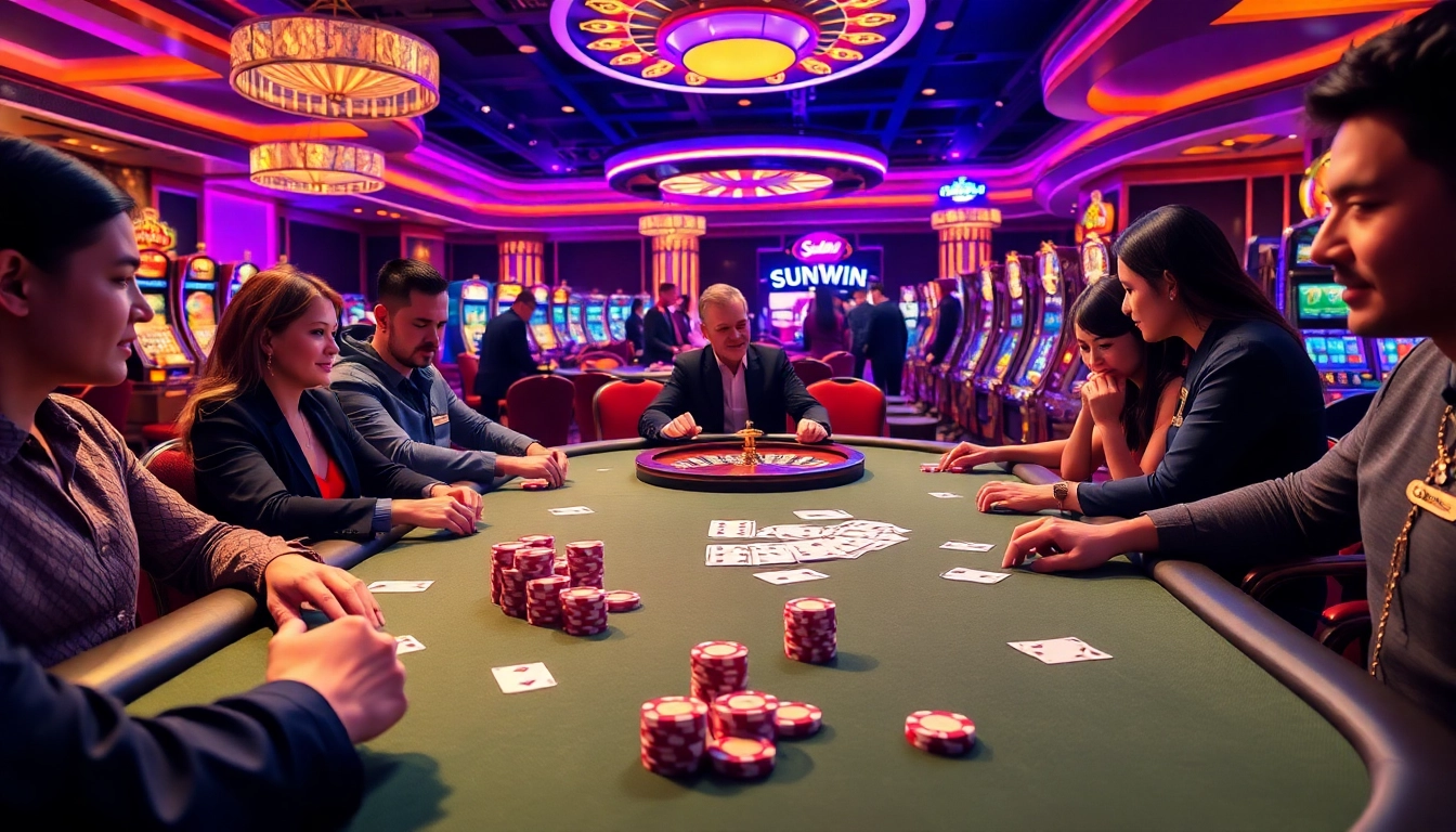 Players strategizing at a sunwin-themed poker table, showcasing vibrant chips and cards.