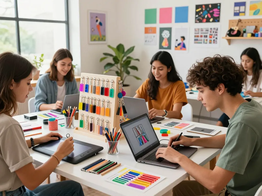 Creative workspace showcasing a team designing custom key chains with diverse materials and tools, capturing the essence of personalized merchandise.