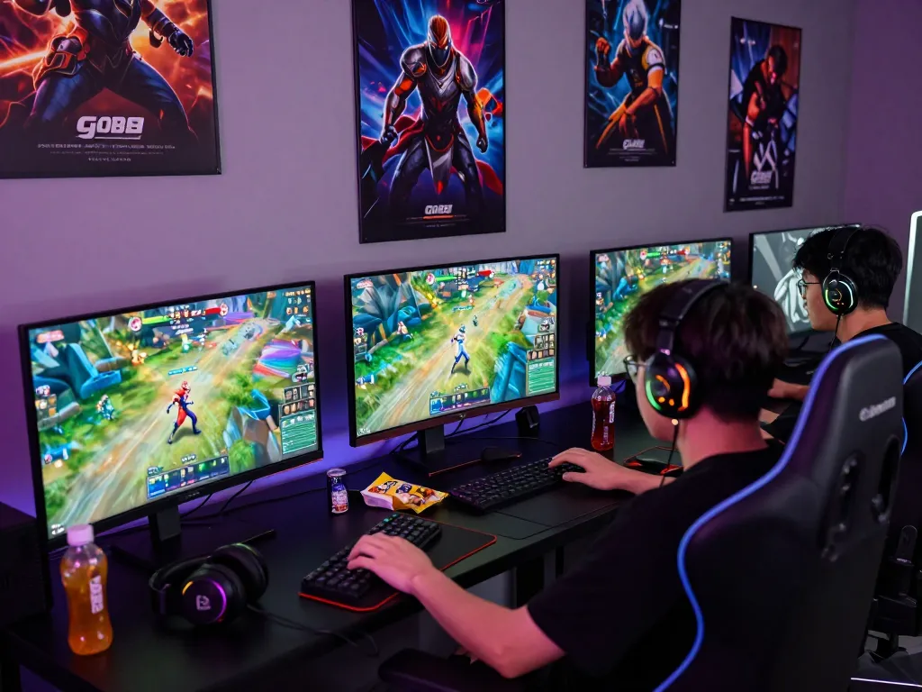 Intense gaming setup with go88 gameplay on multiple screens, highlighting competitive atmosphere.