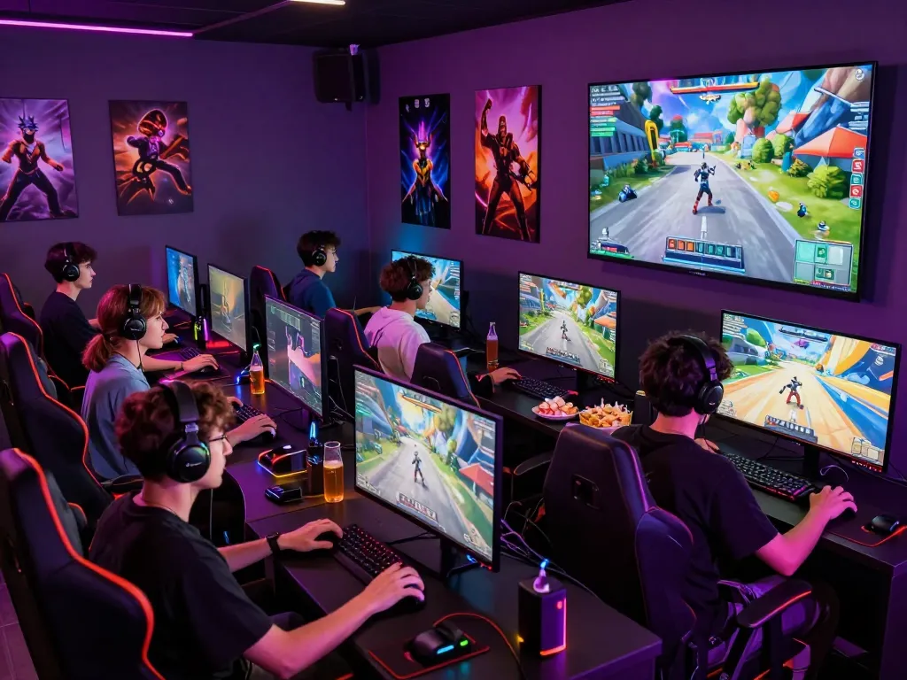 Group of friends playing xxx games in a vibrant gaming lounge.
