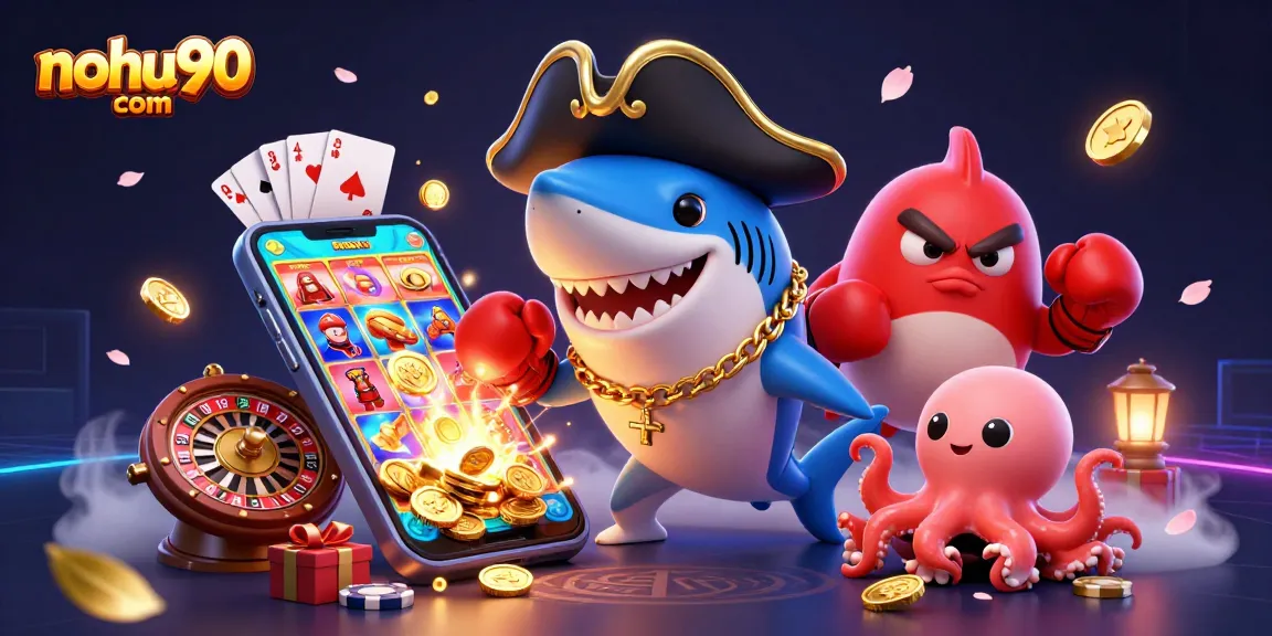 Experience the thrill of winning at nohu90 com with engaging characters and vibrant casino elements in a packed 3D scene.