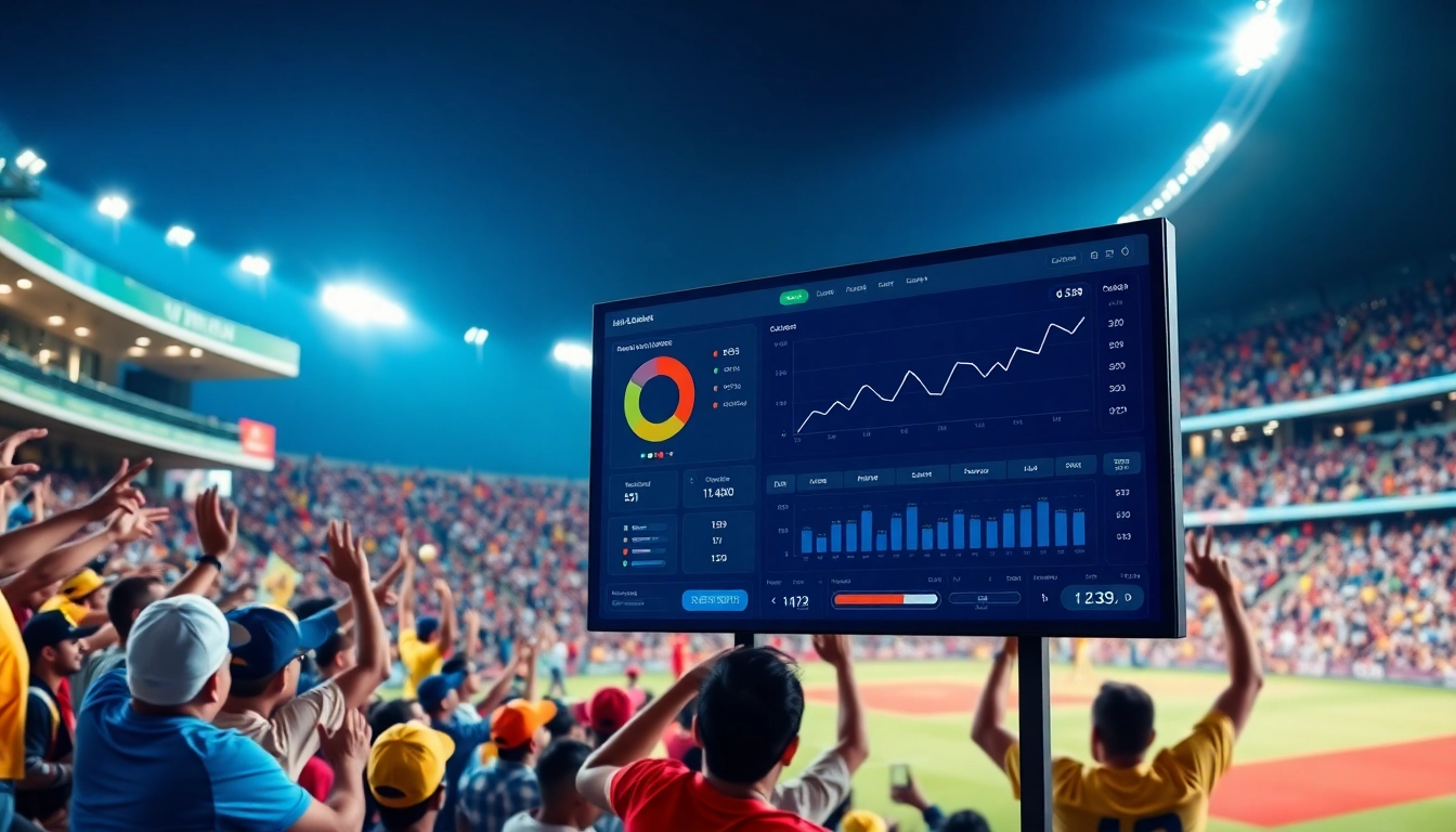 A dynamic scene depicting ipl cricket prediction with fans cheering and data analytics displayed.