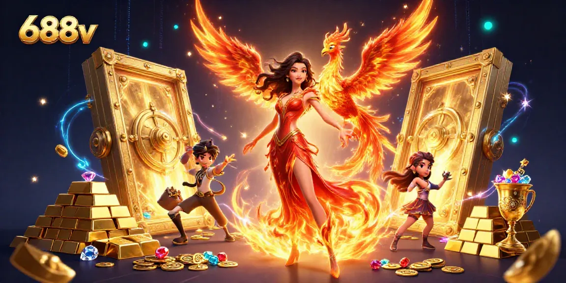 Experience the thrill of 688v casino gaming with vibrant flames, sparkling treasures, and a magical phoenix.