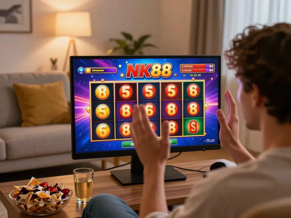 Player celebrating a win on the NK88 app, enjoying a vibrant online gaming experience at home.