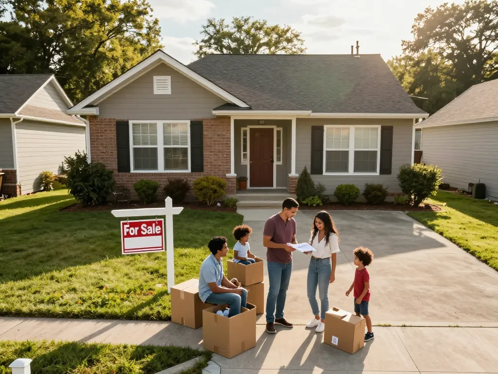 Sell my house fast for cash with a family preparing to move in their warm suburban neighborhood.