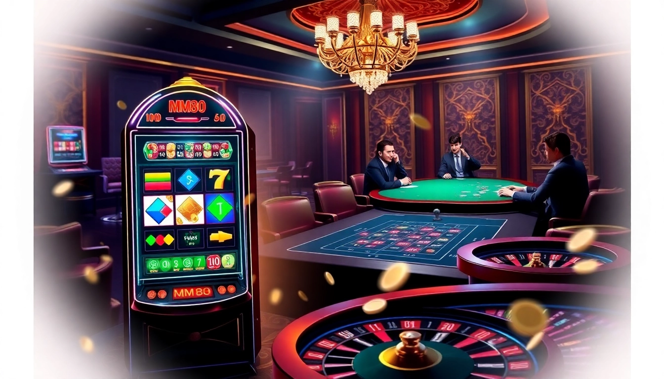 Experience the excitement of MM88 gambling with a vibrant scene showcasing slot machines and poker tables.