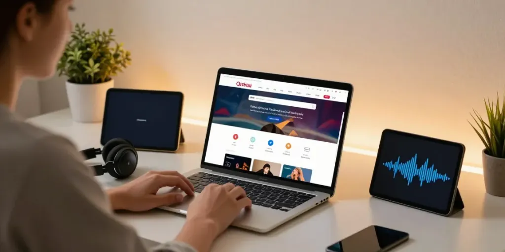 访问 https://qishuidouyin.com/ 下载汽水音乐的用户在现代办公桌前沉浸于音乐世界中。