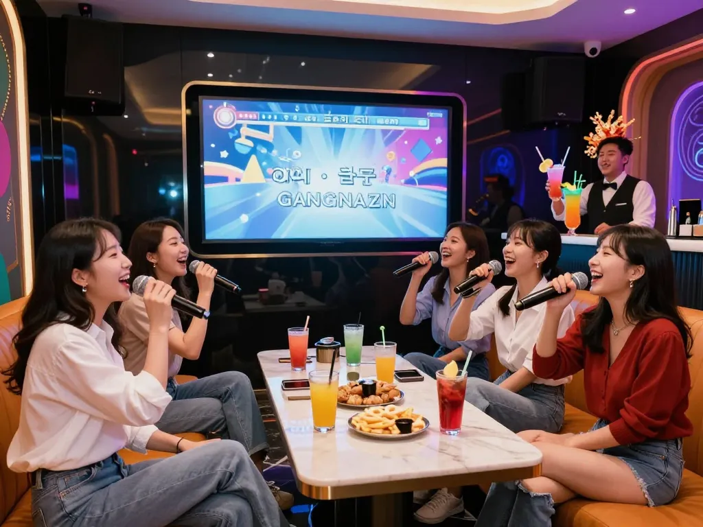 친구들과 노래를 부르며 생동감 넘치는 조명과 칵테일이 있는 gangnamtune.com/runrabbit의 활기찬 노래방 장면.