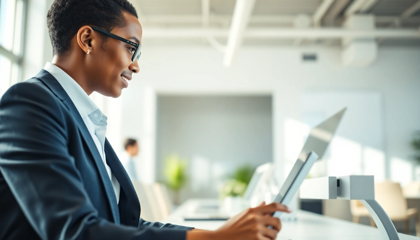 Engaging enterprise assistant interacting with AI in a dynamic office environment.