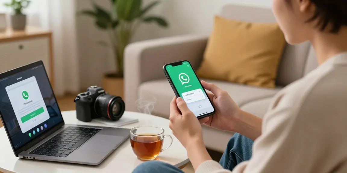 WhatsApp下載 on smartphone in a cozy home setting showing app installation.