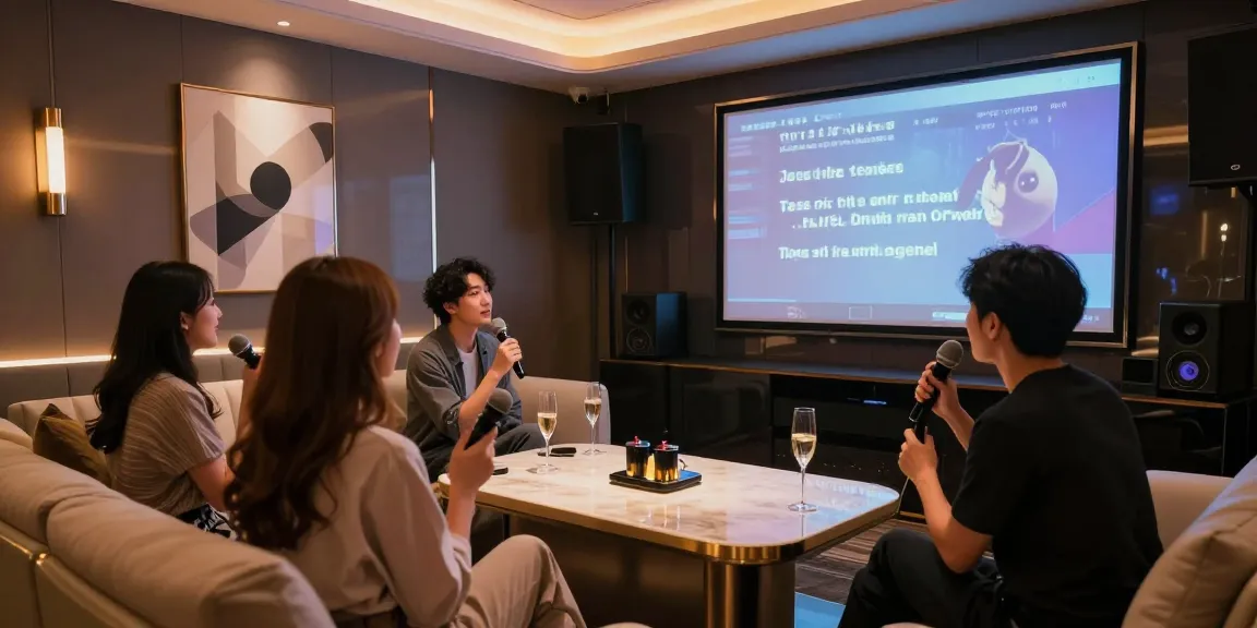 강남가라오케 프라이빗 룸에서 고급스럽게 노래를 즐기는 모습과 와인 잔, 세련된 조명으로 아늑한 분위기를 연출한 이미지