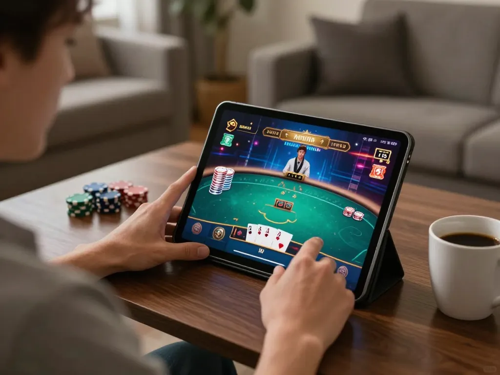 Engaged luck8 player using tablet for an exciting online poker session.