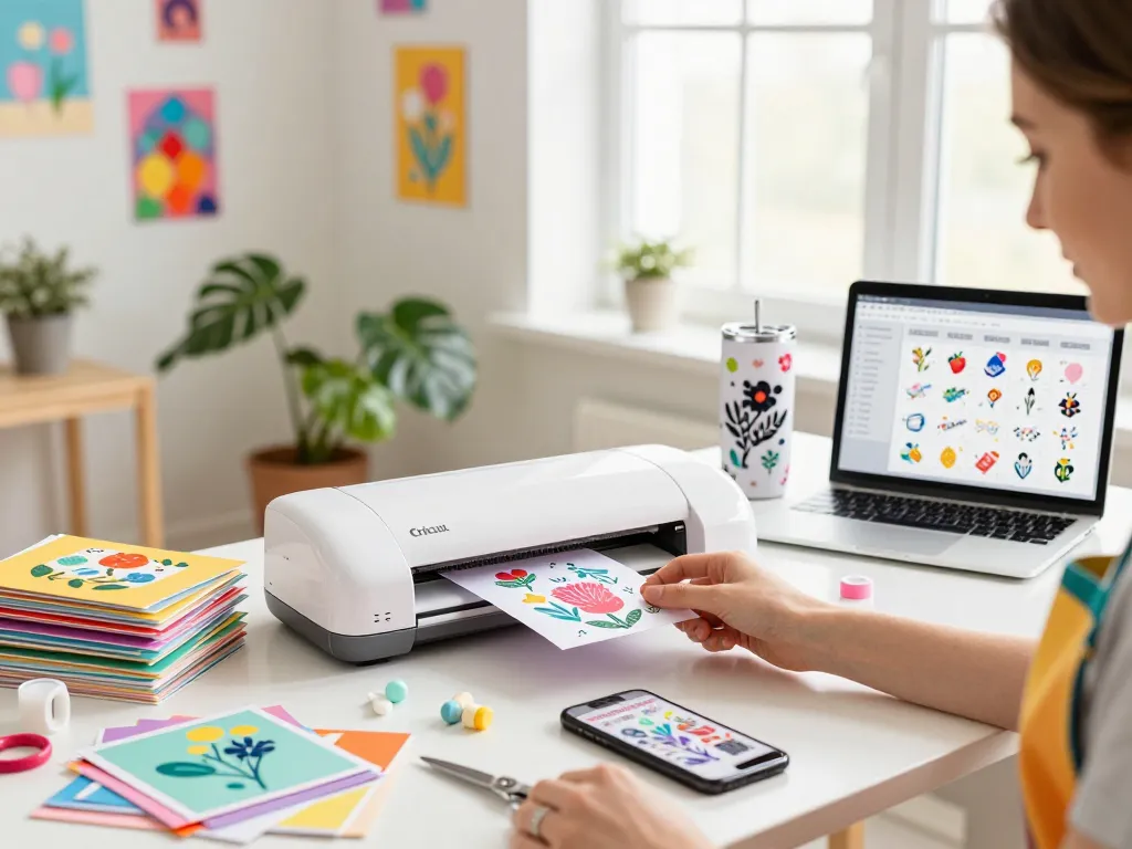 Crafting with a cricut svg bundle in a vibrant home workshop, showcasing creative tumbler designs and vibrant materials.