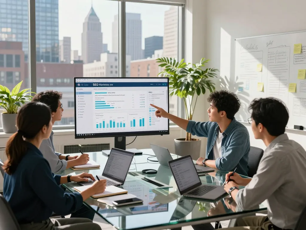 Collaborative New York SEO Services team analyzing digital marketing metrics in a modern office setting.