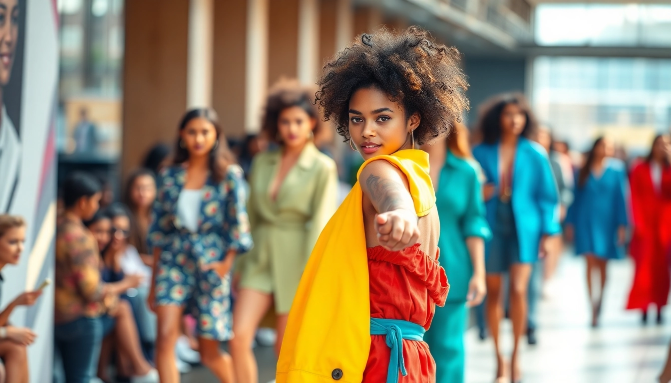 Stylish model showcasing vibrant Fashion outfits on a lively runway.