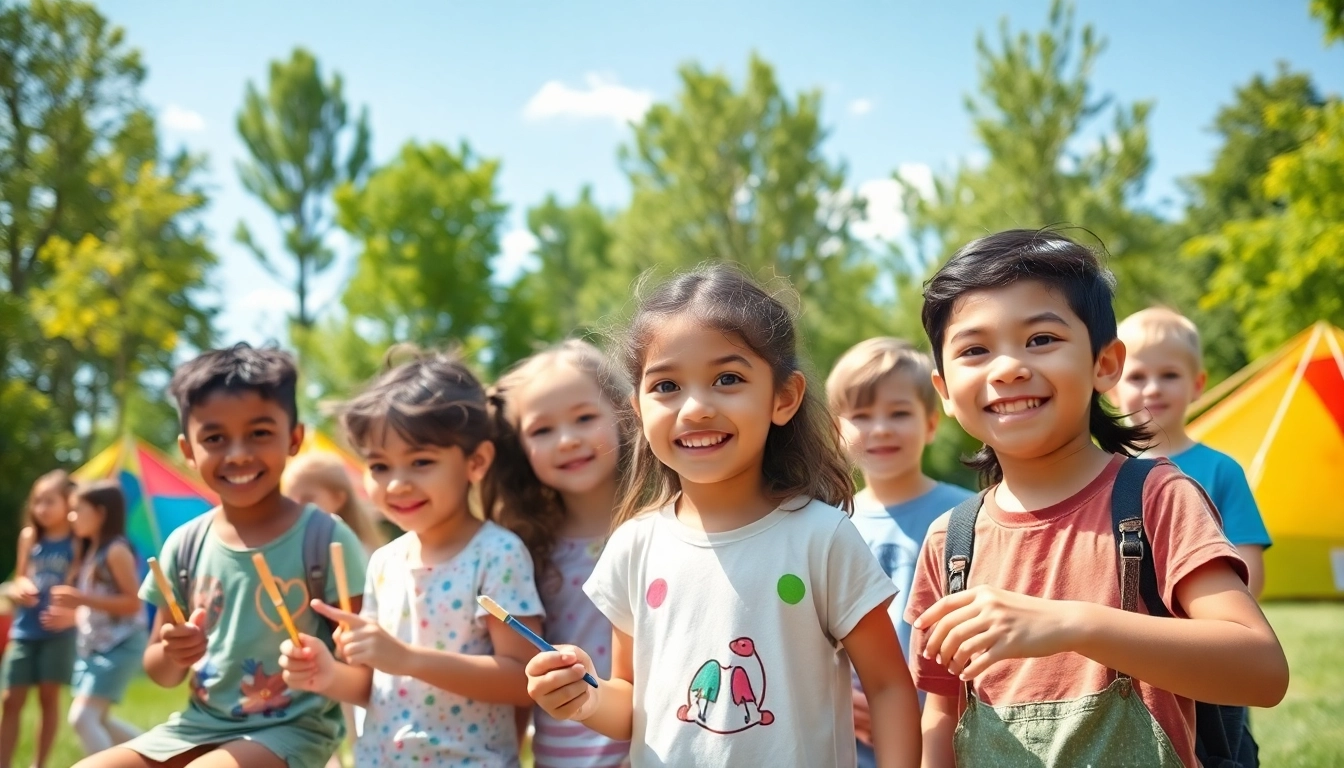 Kids enjoying various activities at a homeschool summer camp with bright colors and teamwork.