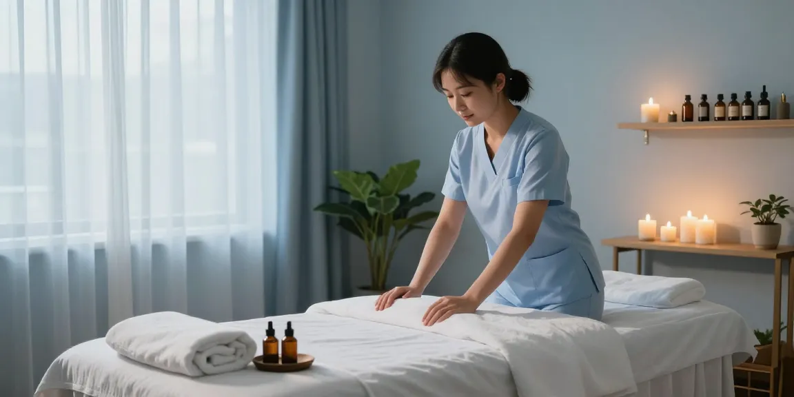 편안한 분위기의 1인샵 마사지 스튜디오에서 준비 중인 마사지사와 아로마 오일, 마사지 테이블.