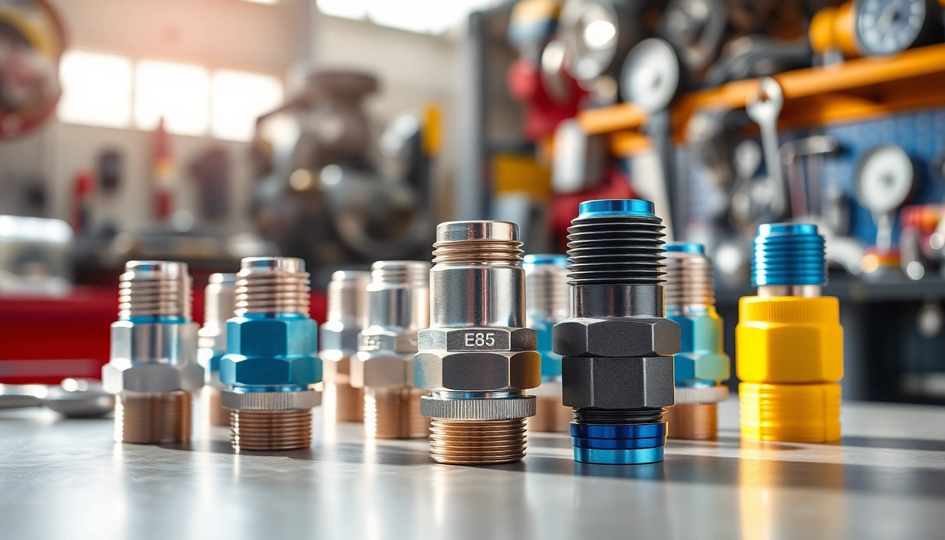 E85-compatible AN fittings arranged elegantly on a workbench showcasing their detail and craftsmanship.