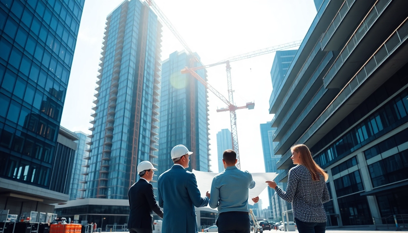 Architects and engineers collaborating at an architecture and engineering firm in a dynamic urban setting.