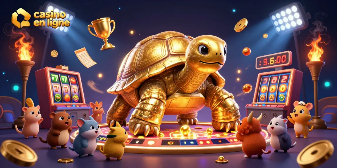 Jouez sur un casino en ligne avec des machines à sous animées, tortue géante et ambiance festive.