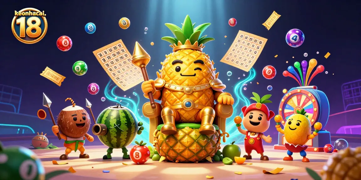 Engage with keonhacai 18's vibrant casino scene showcasing a golden pineapple king surrounded by lottery excitement.