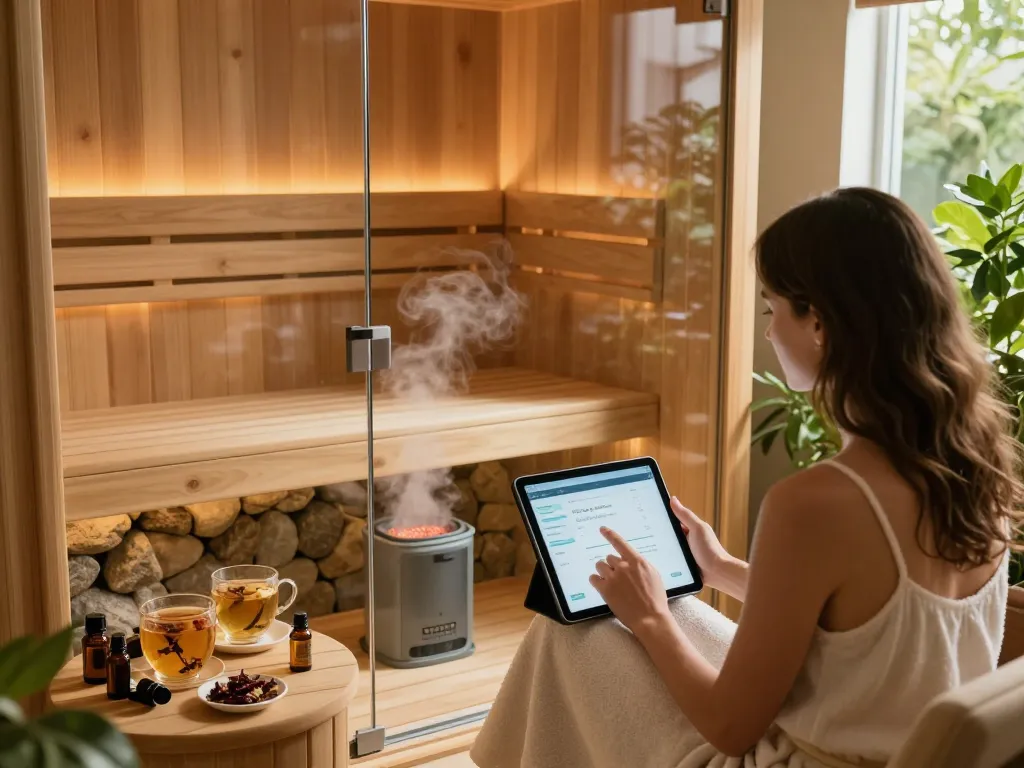 Engaging woman using a sauna configurator on a tablet in a serene home sauna setting, highlighting the personalization process.