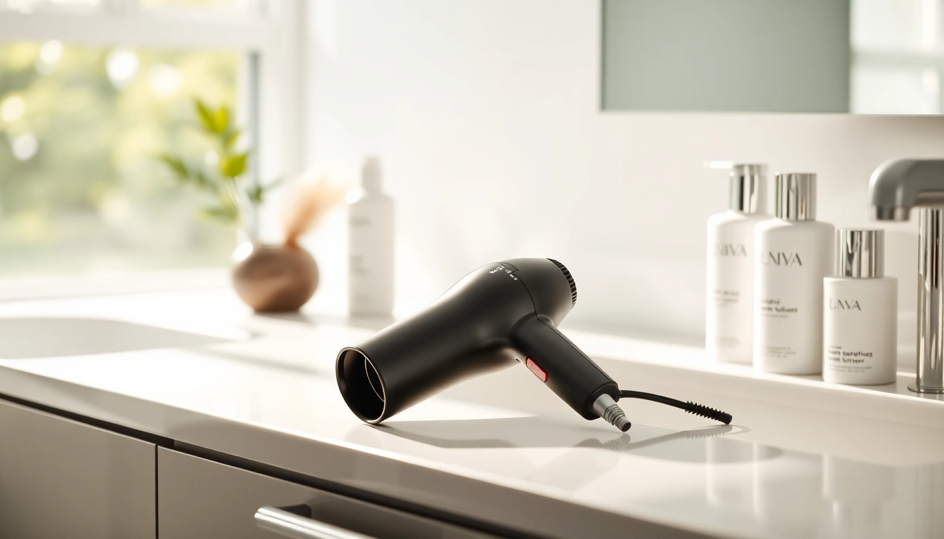 Enhance frizzy hair with a professional hair dryer showcased in a stylish bathroom.