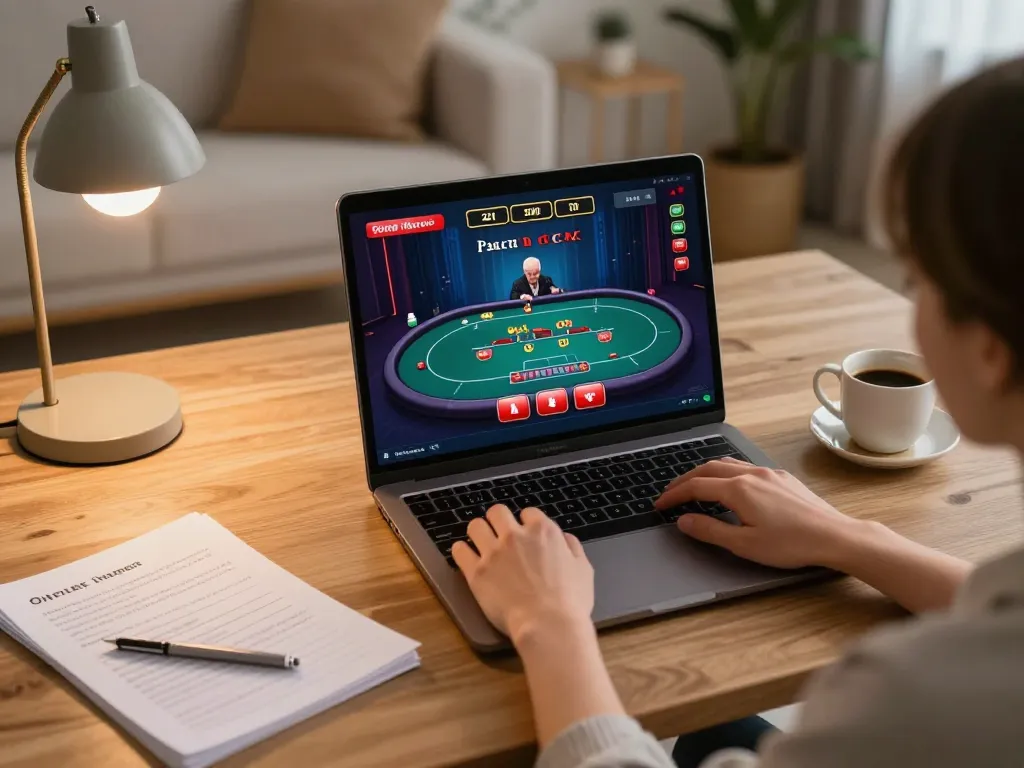 Player enjoying online casino gaming on atq com, focused on live dealer poker hand in cozy home setting.