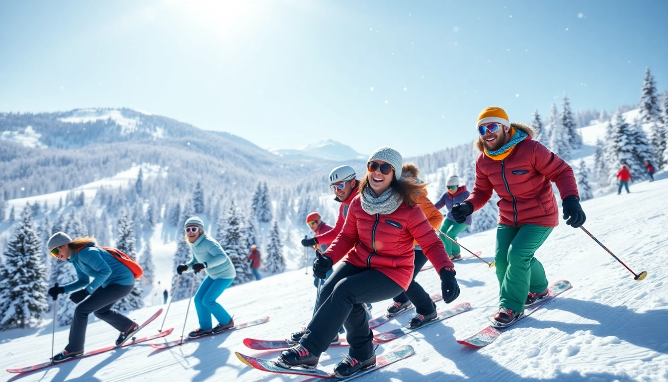 Skiers and snowboarders enjoying Andover, MA ski and snowboard slopes in a vibrant, snowy landscape.