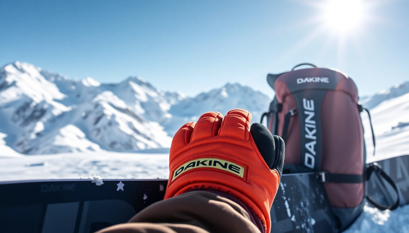 Reveal Dakine snowboard gear with gloves and backpack on a snowy mountain backdrop.