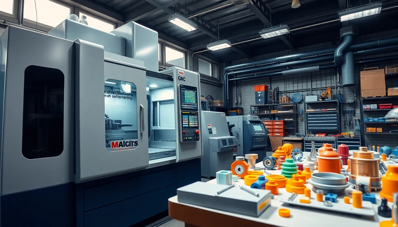 Showcasing Chiheng Custom CNC Machining with precision equipment and metal parts.