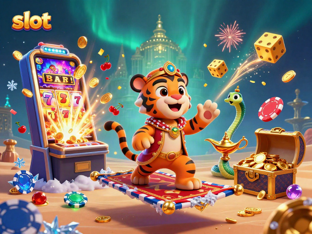 Experience the thrill of slots with a vibrant 3D scene featuring jackpots, characters, and casino action.
