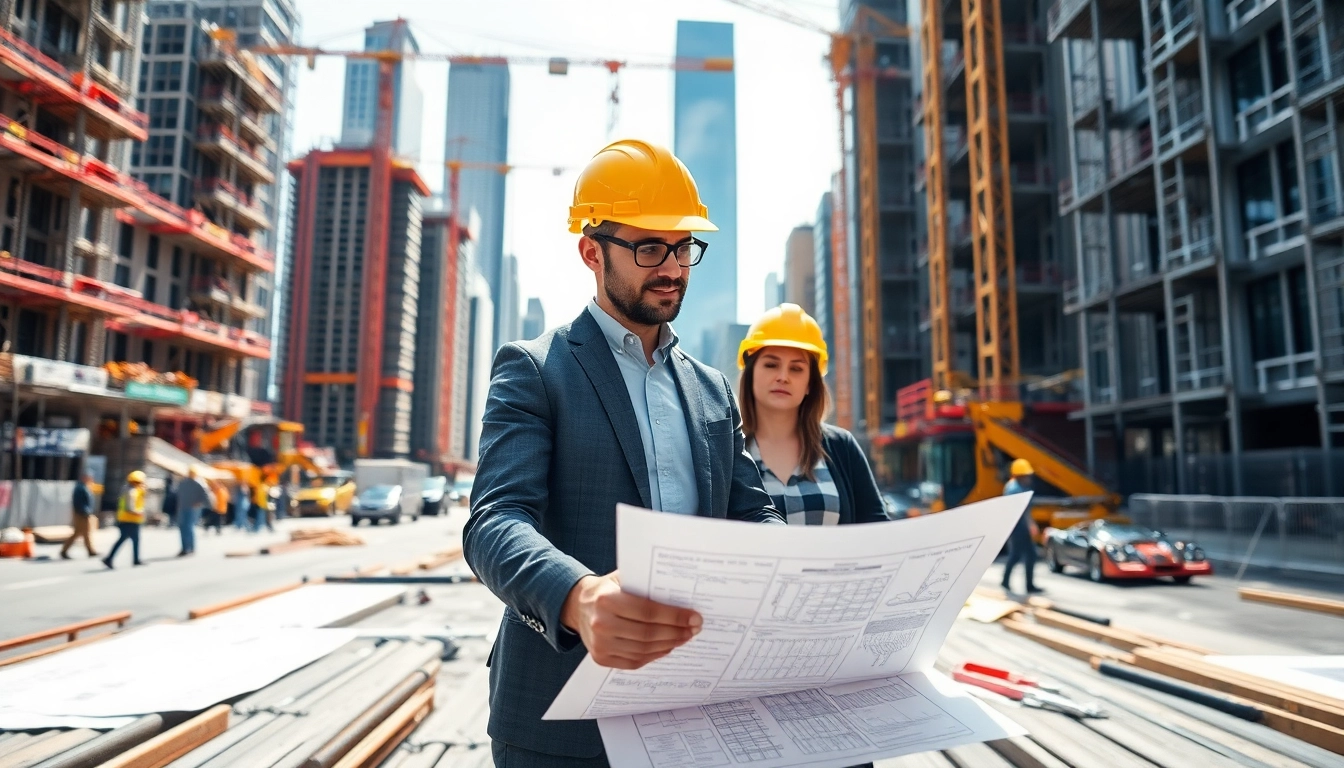 Manhattan Construction Manager leading a team on a bustling construction site with skyscrapers in the background.