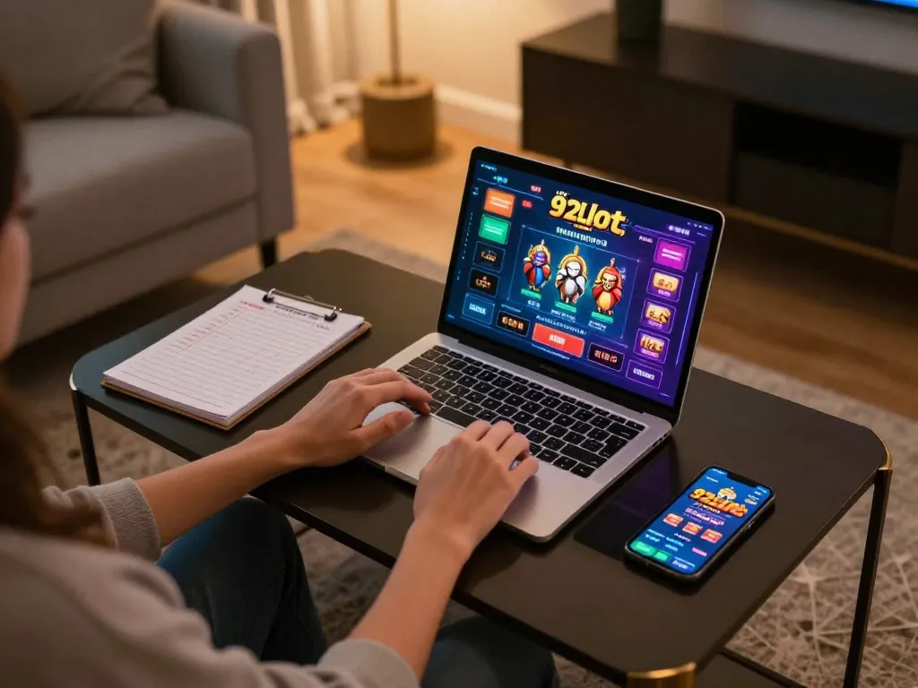 Player engaging with 92slot online casino on a laptop, showcasing a colorful virtual game interface in a cozy home setting