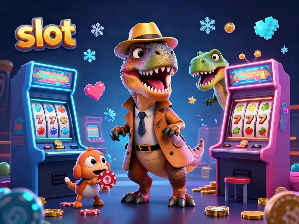 Experience thrilling slot gameplay as a velociraptor tries to win big standing at a colorful slot machine.