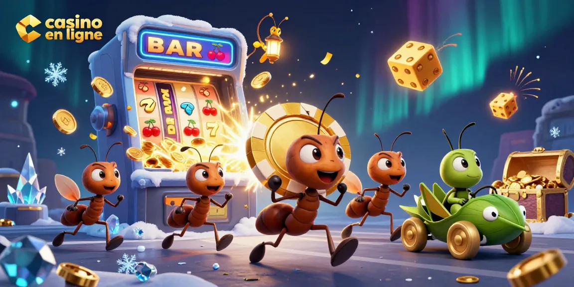 Découvrez un casino en ligne animé avec des fourmis transportant un jeton géant, entourées de jeux et de jackpots