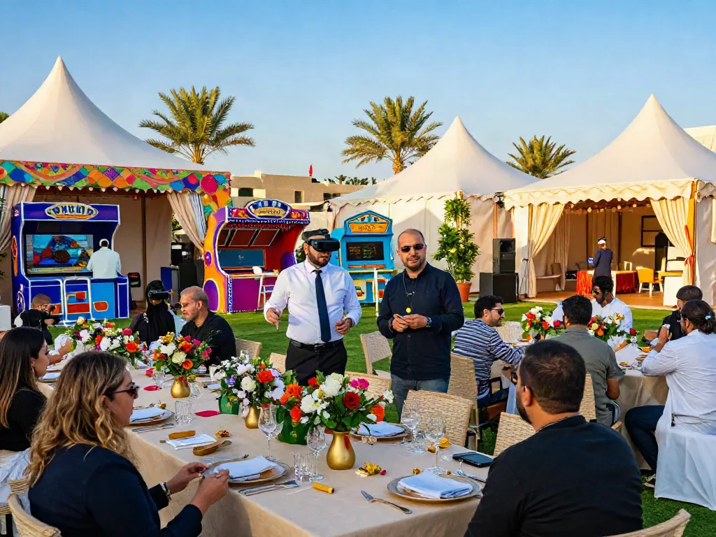 Event rentals featuring vibrant tents, tables, and guests enjoying activities in Saudi Arabia.