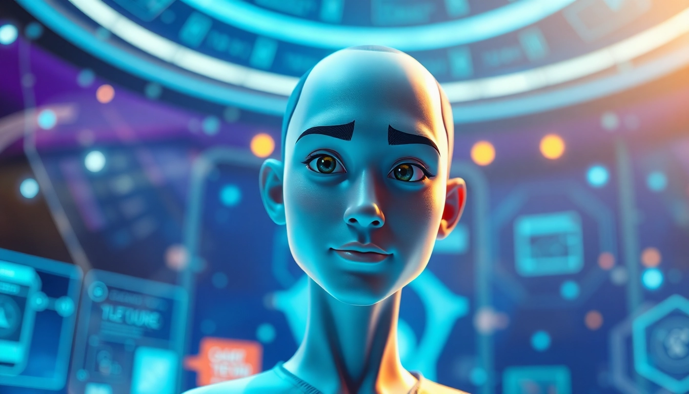 Capture a dynamic live avatar character engaging in a vibrant virtual scene filled with technology.