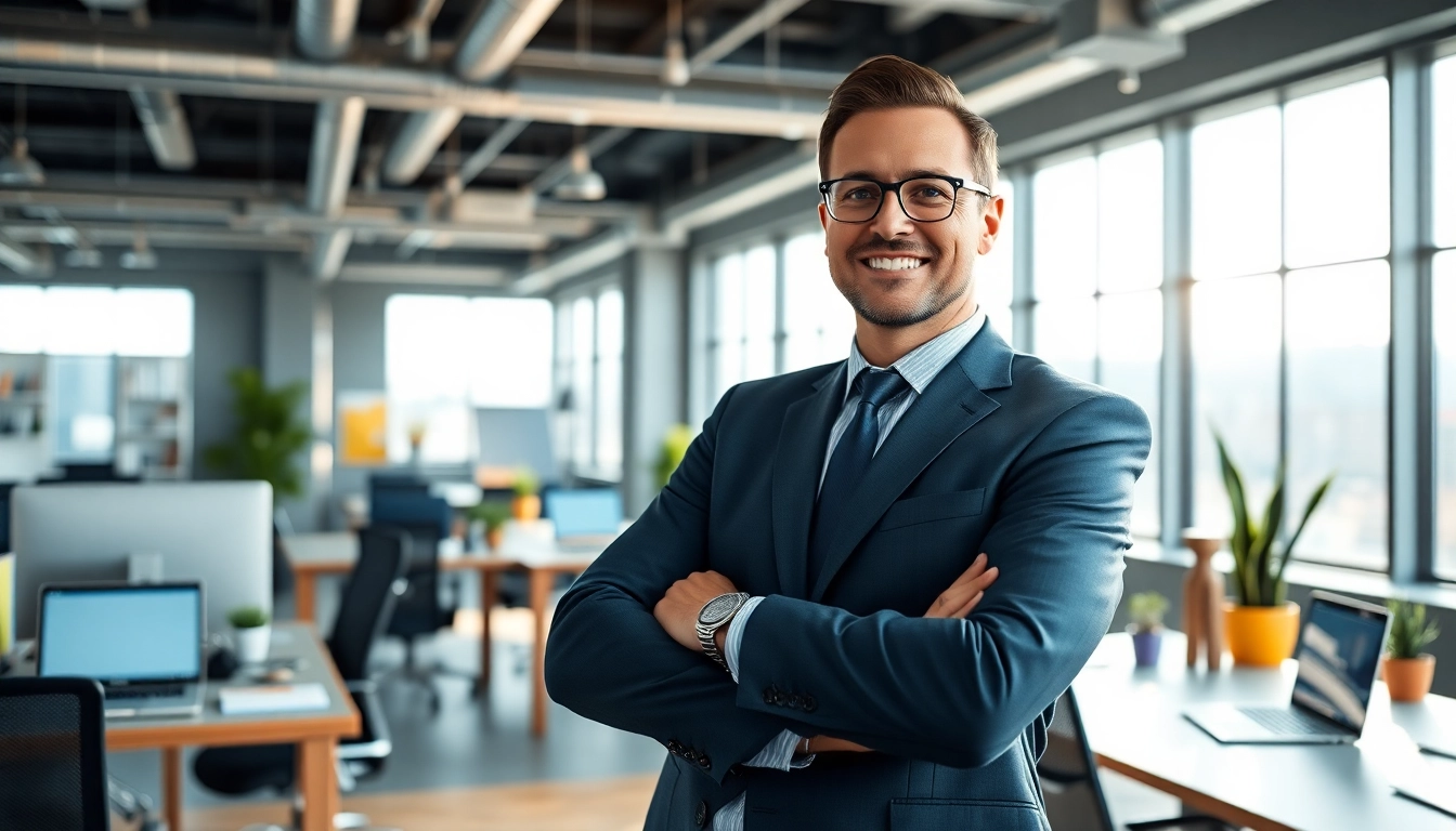 Enhancing Executive Presence with a confident business leader in a modern office.