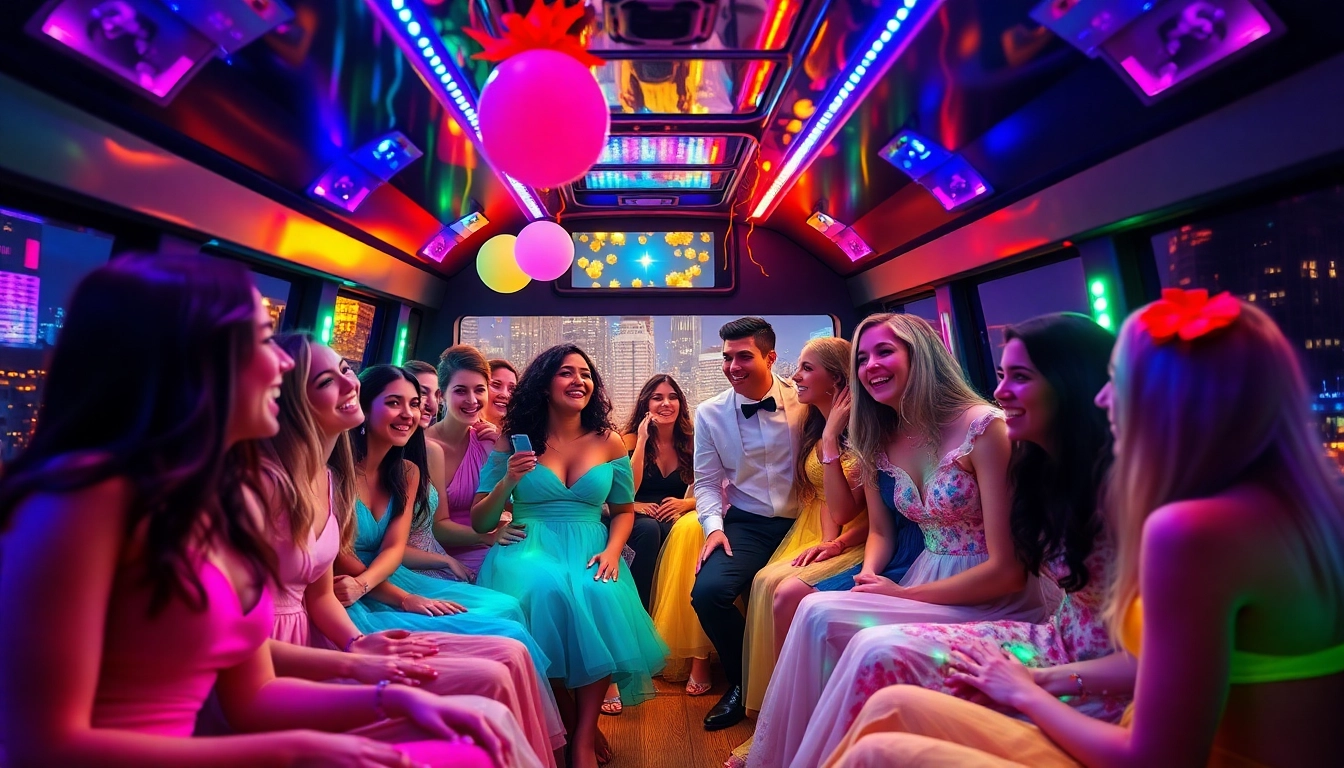 Excited teenagers celebrating prom night inside a vibrant party bus.