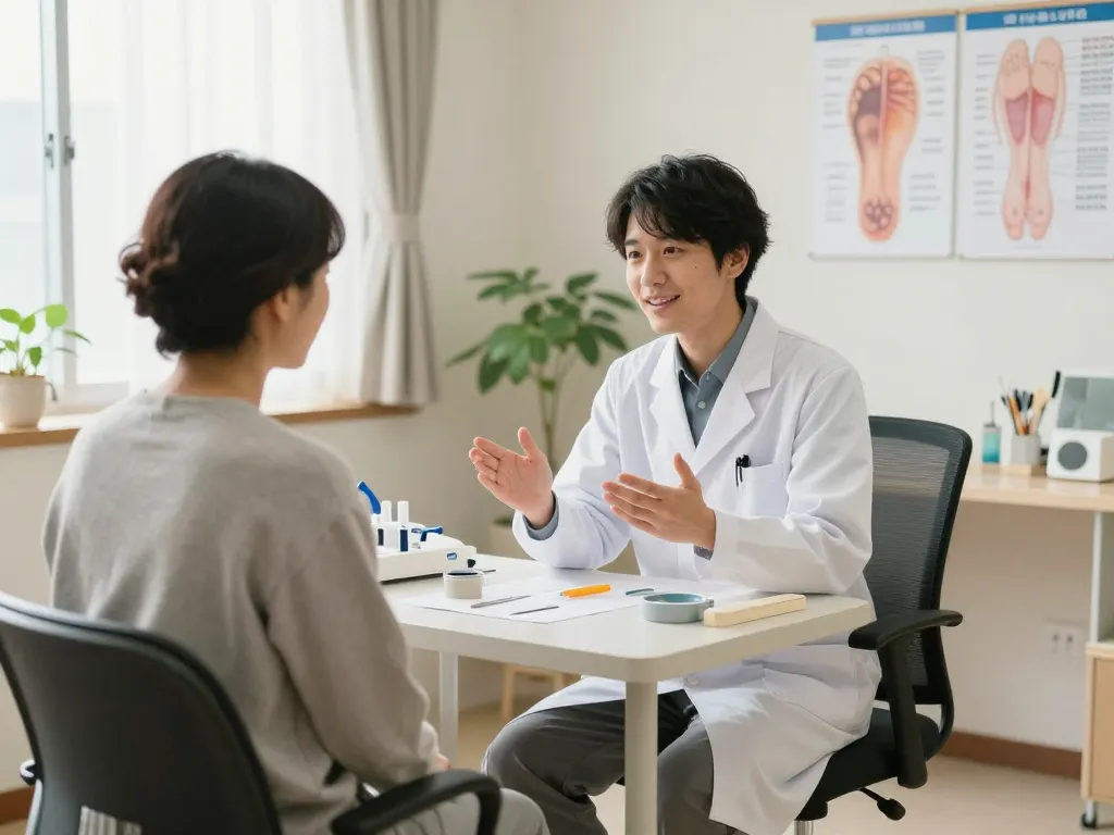 落ち着いたクリニックでのキトー君の口コミについての議論、医療提供者と患者が会話を交わしている。