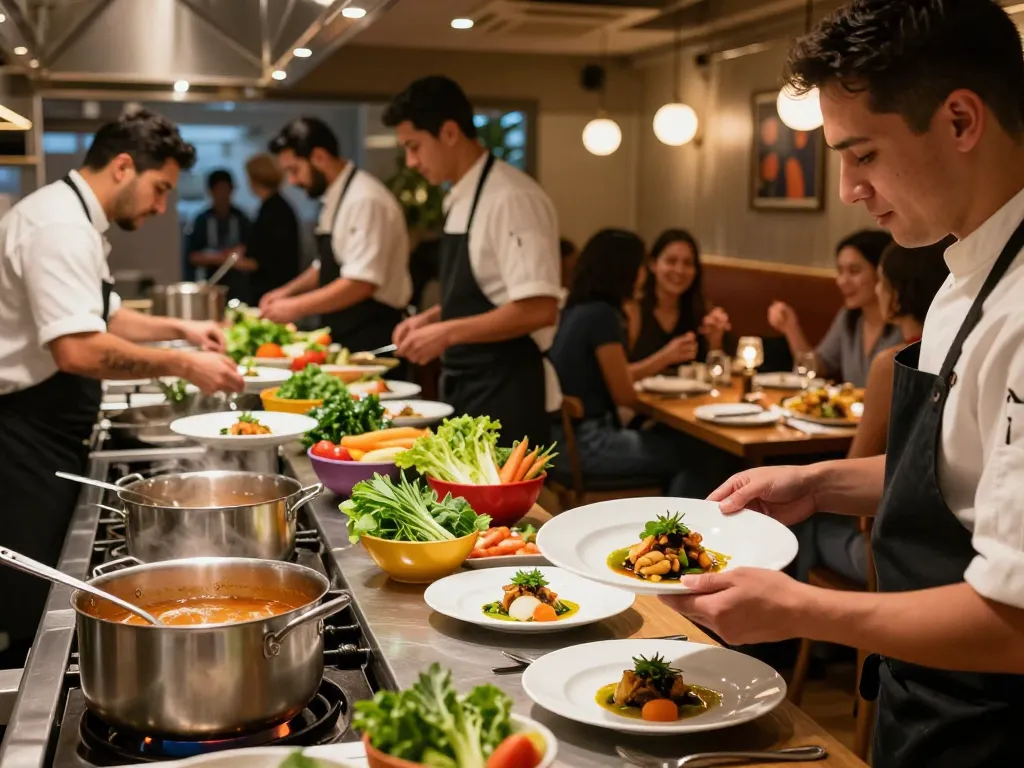 Dynamic kitchen scene at pokerseri restaurant showcasing chefs in action and delicious dishes being prepared.