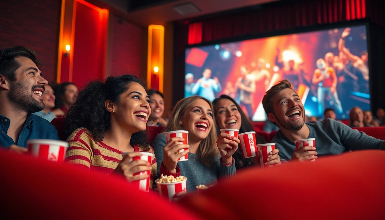 Engaged viewers enjoying ดูหนัง in a lively cinema setting with popcorn.