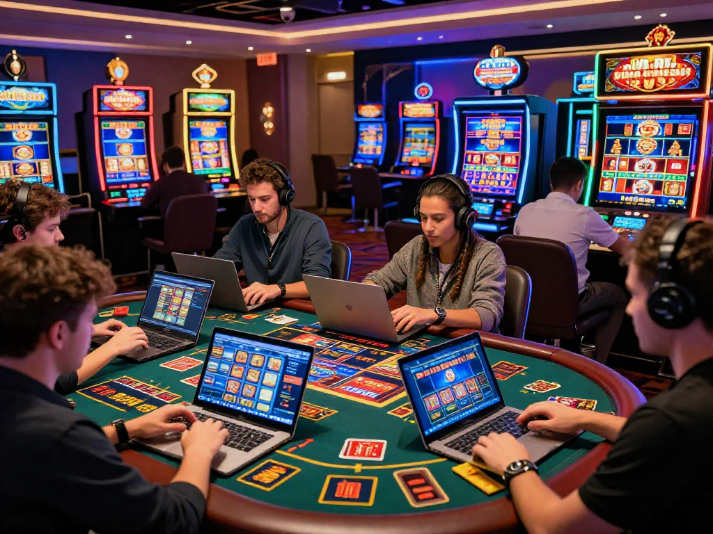 Exciting scene of players enjoying euro casinos with vibrant lights, digital devices, and animated games.
