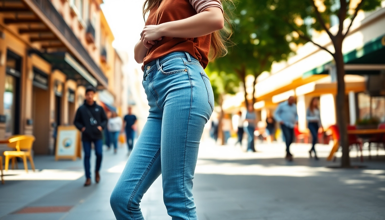 Woman showcasing womens slim tapered jeans in an urban setting, radiating style and confidence.