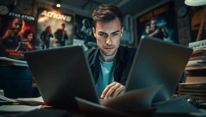 Action thriller author passionately crafting a story in an intense urban setting.