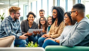 Employees engaging in collaborative teamwork for new hire jobs in a bright office.