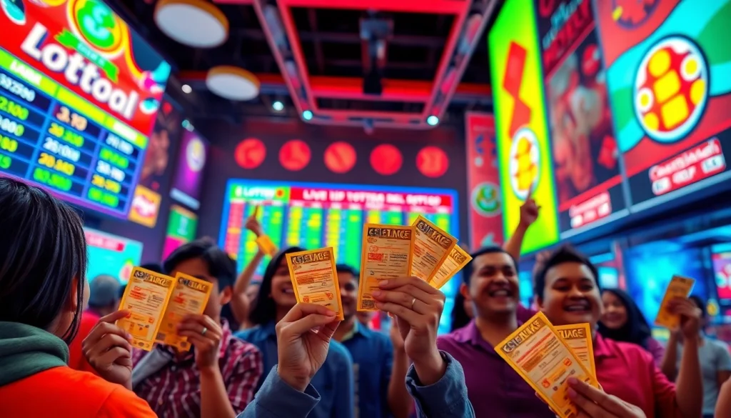 Menampilkan suasana bandar togel resmi yang ceria dengan pemain merayakan kemenangan.