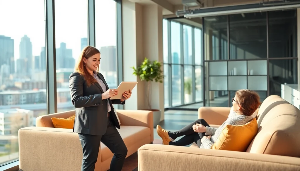 Showcase of real estate expert engaging clients in a modern office setting, promoting Real Estate.