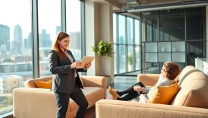 Showcase of real estate expert engaging clients in a modern office setting, promoting Real Estate.